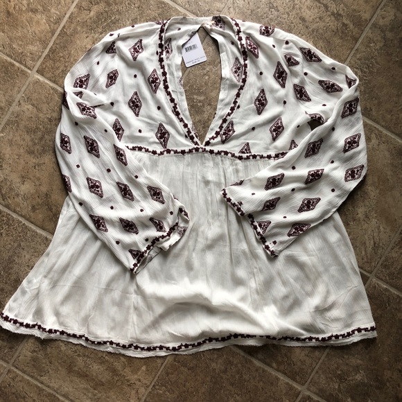 Free People NWT Embroidered Bell Sleeve Top Ivory - Picture 4 of 7